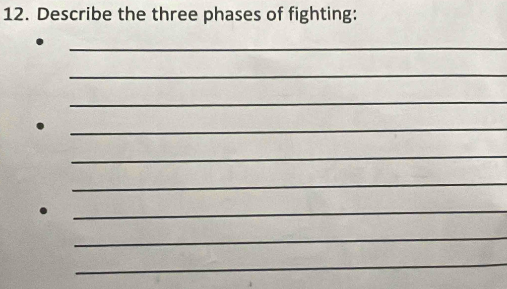 Describe the three phases of fighting: 
_ 
_ 
_ 
_ 
_ 
_ 
_ 
_ 
_