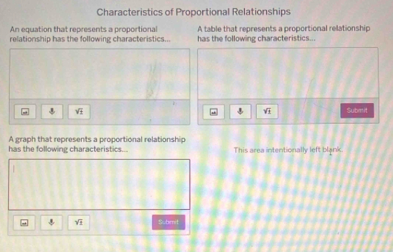 Characteristics of Proportional Relationships 
An equation that represents a proportional A table that represents a proportional relationship 
relationship has the following characteristics... has the following characteristics...
7
sqrt(± ) Submit
sqrt(± )
A graph that represents a proportional relationship 
has the following characteristics... This area intentionally left blank. 
. sqrt(± ) Submit