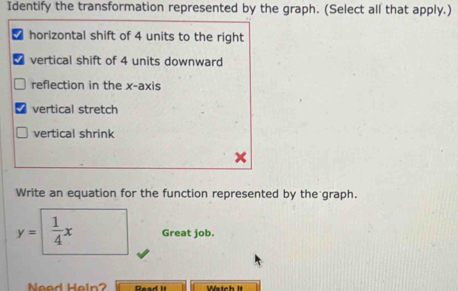 Identify the transformation represented by the graph. (Select all that apply.) 
horizontal shift of 4 units to the right 
vertical shift of 4 units downward 
reflection in the x-axis 
vertical stretch 
vertical shrink 
Write an equation for the function represented by the graph.
y= 1/4 x Great job. 
Need Heln? Raad II Wtch It