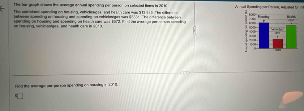 The bar graph shows the average annual spending per person on selected items in 2010. Annual Spending per Person, Adjusted for In 
The combined spending on housing, vehicles/gas, and health care was $13,885. The difference 
between spending on housing and spending on vehicles/gas was $3881. The difference between 
spending on housing and spending on health care was $672. Find the average per-person spending 
on housing, vehicles/gas, and health care in 2010. 
2 
Find the average per-person spending on housing in 2010. 
5 □