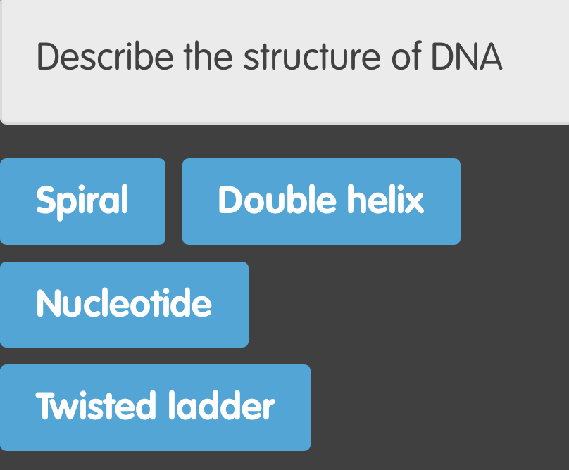 Describe the structure of DNA
Spiral Double helix
Nucleotide
Twisted ladder