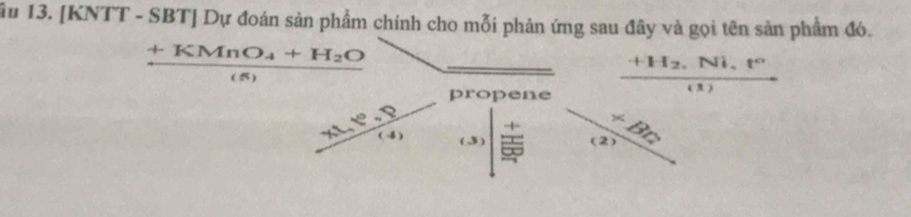 âu 13. [KNTT - SB 11 Dự đoán sản phẩm chính cho mỗi phản ứng sau đây và gọi tên sản phẩm đó. 
_ frac +KMnO_4+H_2O(s)
propene frac +H_2,Ni,t°(1)
 (x1.e)/(-6)  (3) (2) * 80