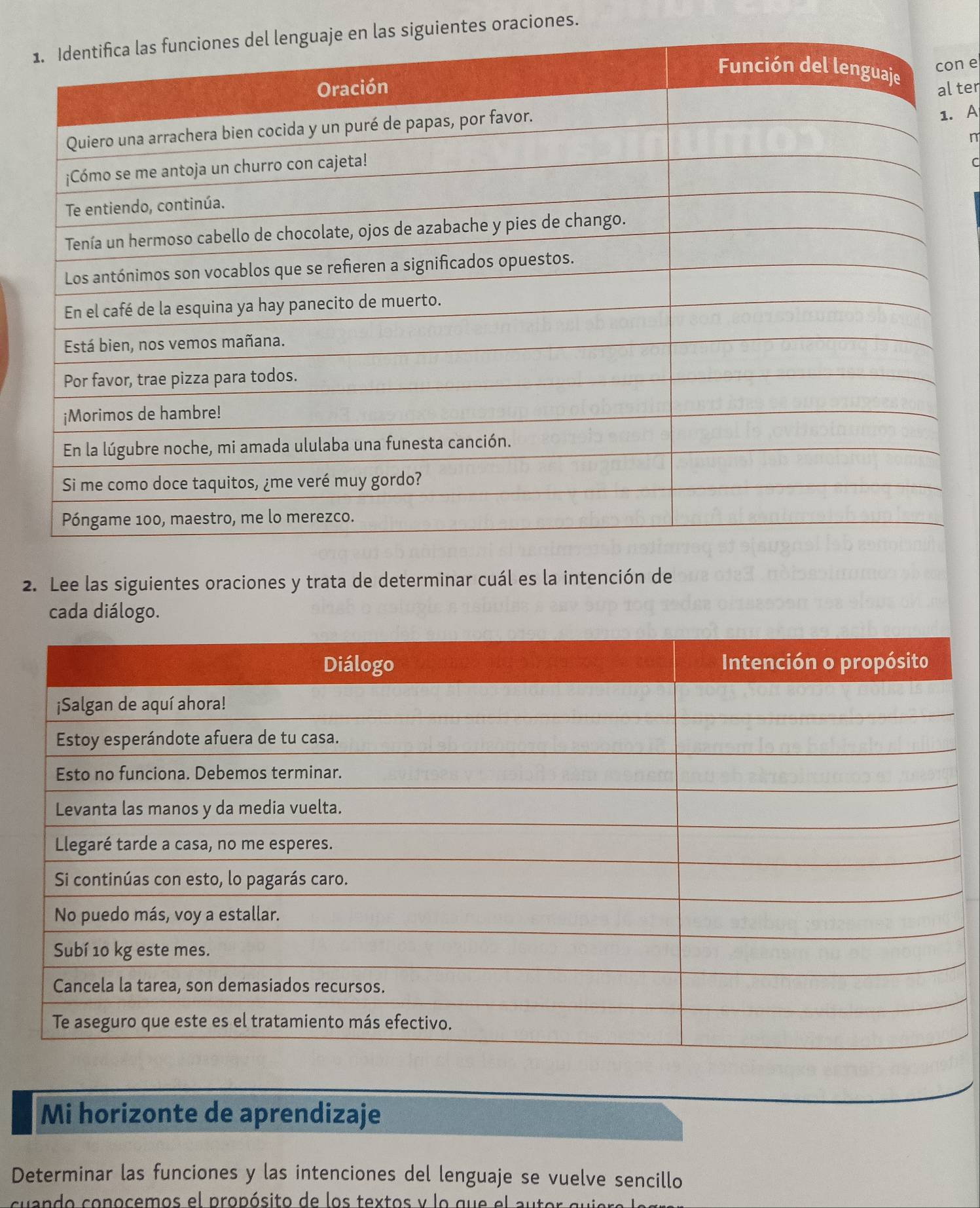 siguientes oraciones. 
n e 
ter 
. A 
n 
C 
2. Lee las siguientes oraciones y trata de determinar cuál es la intención de 
cada diálogo. 
Mi horizonte de aprendizaje 
Determinar las funciones y las intenciones del lenguaje se vuelve sencillo 
cuando conocemos el propósito de los textos y lo que el autor quia