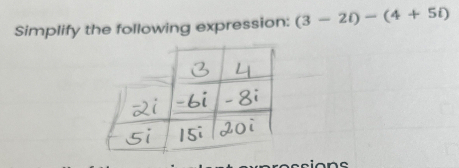 Simplify the following expression: (3-2i)-(4+5i)
a