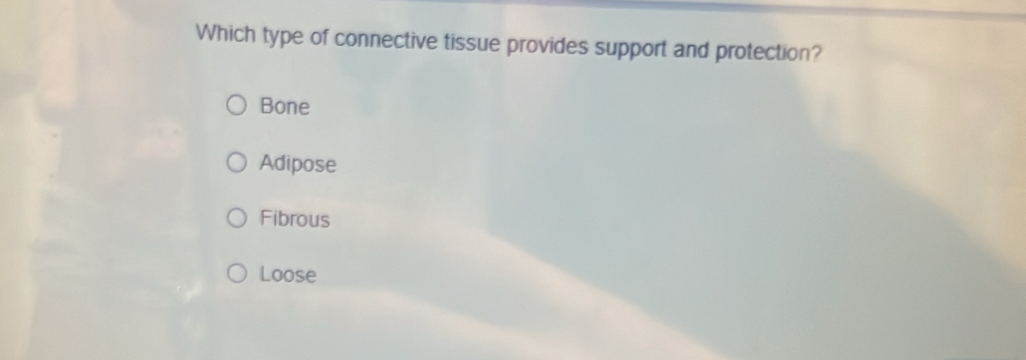 Which type of connective tissue provides support and protection?
Bone
Adipose
Fibrous
Loose