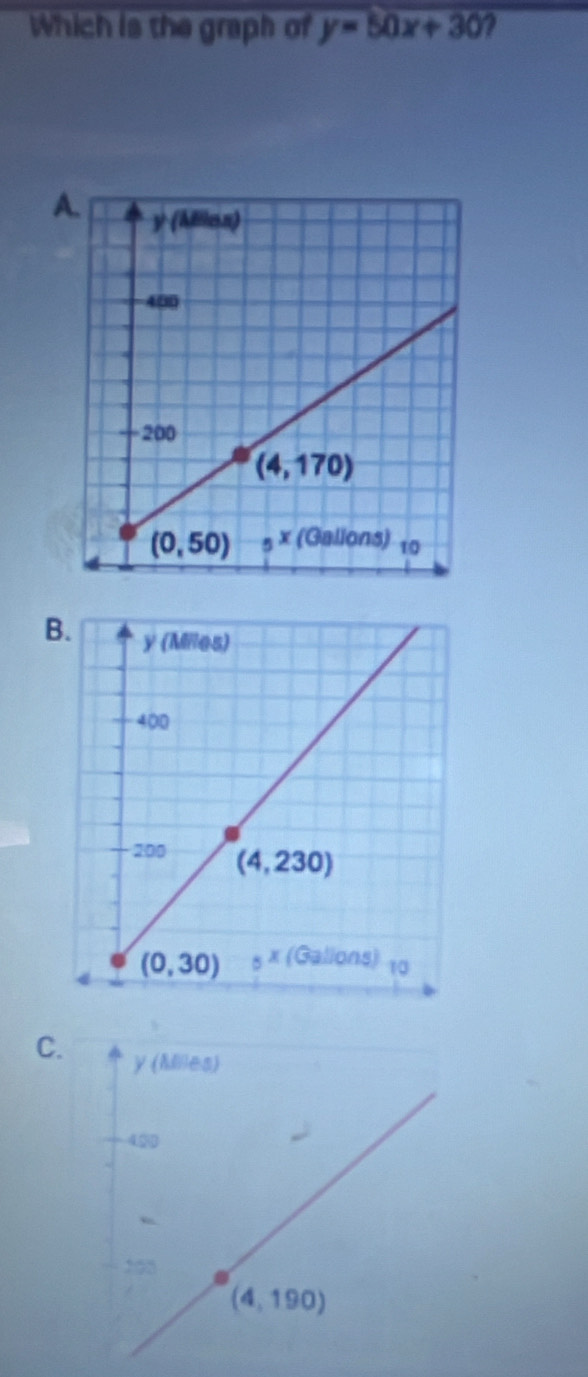 Which is the graph of y=50x+30 2
A.
B.
C