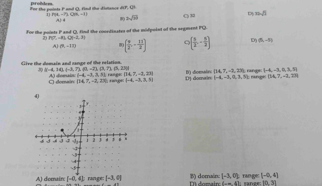 problem.
For the points P and Q, find the distance d(P, Q).
1) P(4,-7), Q(6,-1) D) 32sqrt(2)
A) 4 B) 2sqrt(10) C) 32
For the points P and Q, find the coordinates of the midpoint of the segment PQ.
2) P(7,-8), Q(-2,3)
C)
A) (9,-11) B) ( 9/2 ,- 11/2 ) ( 5/2 ,- 5/2 )
D) (5,-5)
Give the domain and range of the relation.
3)  (-4,14),(-3,7),(0,-2),(3,7),(5,23)  -4,-3,0,3,5
A) domain:  -4,-3,3,5; range:  14,7,-2,23 B) domain:  14,7,-2,23; range:
C) domain:  14,7,-2,23; range:  -4,-3,3,5 D) domain:  -4,-3,0,3,5; range:  14,7,-2,23
A) domain: [-0,4]; range: [-3,0] B) domain: [-3,0]; range: [-0,4]
D) domain: (-∈fty ,4]; range: [0,3]