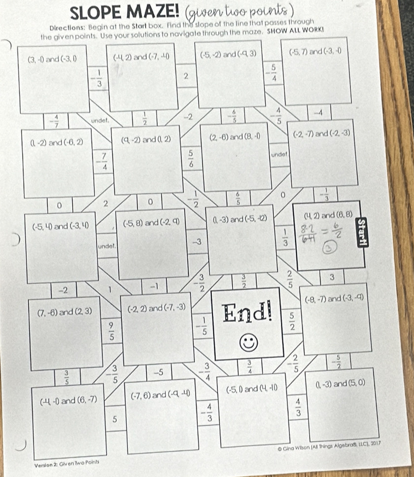 SLOPE MAZE! (given two points )
the Start box. Find the slope of the line that passes through
Version 2: GivenTwo Points
10