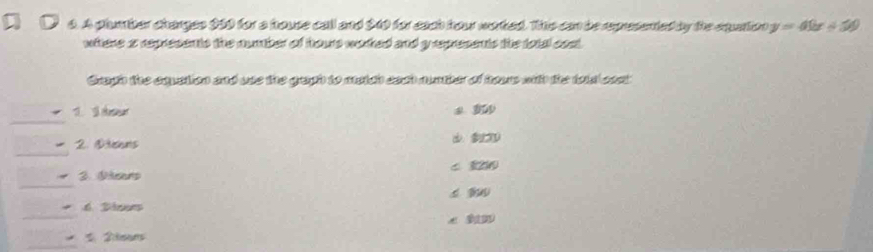 A plumber charges 260 for a house call and $00 for each how worked. The can be repesented by the sqation y=49x+50
whtere s represents the number of houre woked and y rxpresents the total cost 
Gragh the equation and use the gagh to metch each number of hous with the tots cost 
_ 
1 e s 3
_ 
2. @tshns 3D 
_ 
3. Misers C 2 
s ou 
_ 
6. Disons 
_