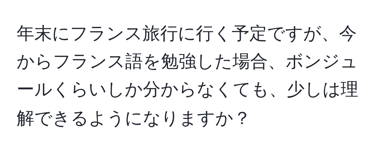年末にフランス旅行に行く予定ですが、今からフランス語を勉強した場合、ボンジュールくらいしか分からなくても、少しは理解できるようになりますか？