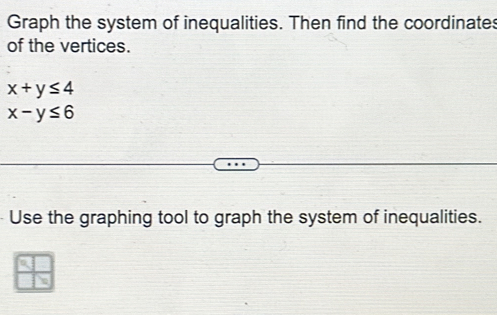 Graph the system of inequalities. Then find the coordinates
of the vertices.
x+y≤ 4
x-y≤ 6
Use the graphing tool to graph the system of inequalities.