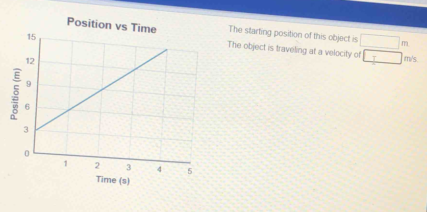 Position vs Ti 
The starting position of this object is □ m. 
The object is traveling at a velocity of □ m
/s. 

Time (s)