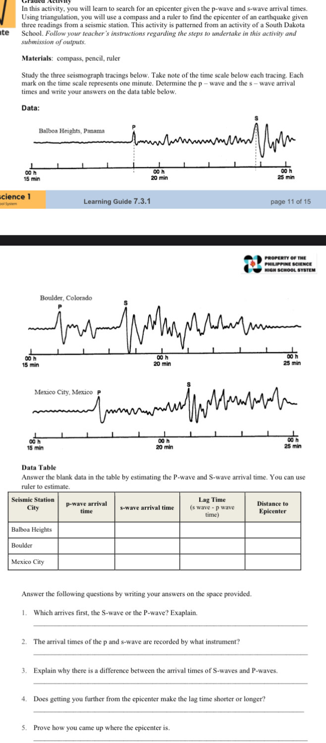 In this activity, you will learn to search for an epicenter given the p -wave and s-wave arrival times. 
Using triangulation, you will use a compass and a ruler to find the epicenter of an earthquake given 
three readings from a seismic station. This activity is patterned from an activity of a South Dakota 
te School. Follow your teacher's instructions regarding the steps to undertake in this activity and 
submission of outputs. 
Materials: compass, pencil, ruler 
Study the three seismograph tracings below. Take note of the time scale below each tracing. Each 
mark on the time scale represents one minute. Determine the p - wave and the s - wave arrival 
times and write your answers on the data table below. 
Data: 
Balboa Heights, Panama 
min 
S mn 25 min 00 h
cience 1 
Learning Guide 7.3.1 page 11 of 15 
PROPERTY OF THE 
Mexico itv. Mexico P 
00 h 0 h 25 min 00 h
15 min 20 min
Data Table 
Answer the blank data in the table by estimating the P -wave and S-wave arrival time. You can use 
Answer the following questions by writing your answers on the space provided. 
1. Which arrives first, the S-wave or the P -wave? Exaplain. 
_ 
2. The arrival times of the p and s-wave are recorded by what instrument? 
_ 
3. Explain why there is a difference between the arrival times of S-waves and P -waves. 
_ 
4. Does getting you further from the epicenter make the lag time shorter or longer? 
_ 
5. Prove how you came up where the epicenter is. 
_