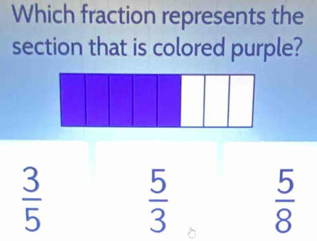 Which fraction represents the
section that is colored purple?
 3/5 
 5/3 
 5/8 