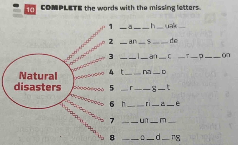 COMPLETE the words with the missing letters. 
1 _a __h _uak_ 
2 _an _S_ _de 
3 _ _an_ C _r _p _on 
Natural 
4 t_ _na_ 0 
disasters 5 _r_ _g _t 
6 h __ri_ a _e 
1 __un_ m_ 
8 _0 _d _ng