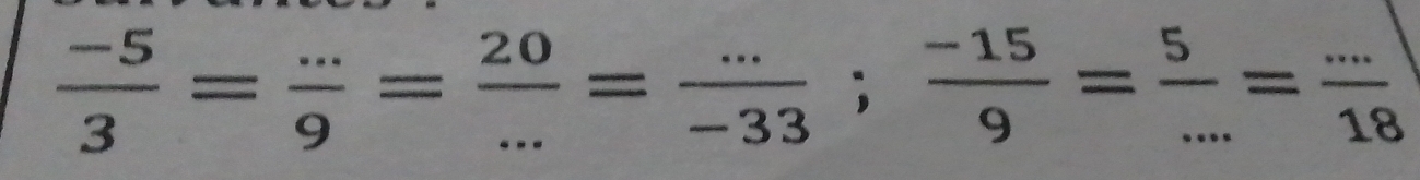  (-5)/3 = (...)/9 = 20/... = (...)/-33 ; (-15)/9 = 5/... = (...)/18 