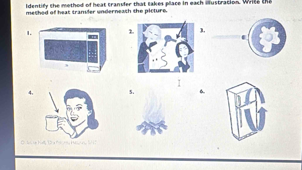 Identify the method of heat transfer that takes place in each illustration. Write the 
method of heat transfer underneath the picture. 
1. 
2 
3. 
4. 
5. 
6. 
a e Hal, Tra Foino, iater, 2