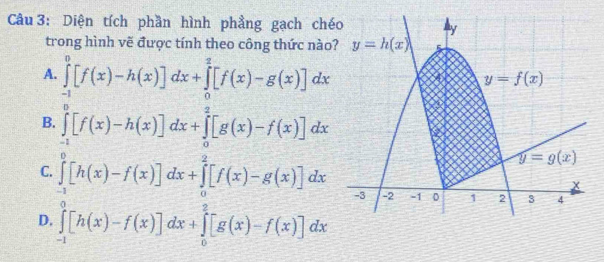 Diện tích phần hình phầng gạch ché
trong hình vẽ được tính theo công thức nào
A. ∈tlimits _(-1)^0[f(x)-h(x)]dx+∈tlimits _0^2[f(x)-g(x)]dx
B. ∈tlimits _(-1)^0[f(x)-h(x)]dx+∈tlimits _0^2[g(x)-f(x)]dx
C. ∈tlimits _(-1)^0[h(x)-f(x)]dx+∈tlimits _0^2[f(x)-g(x)]dx
D. ∈tlimits _(-1)^0[h(x)-f(x)]dx+∈tlimits _0^2[g(x)-f(x)]dx