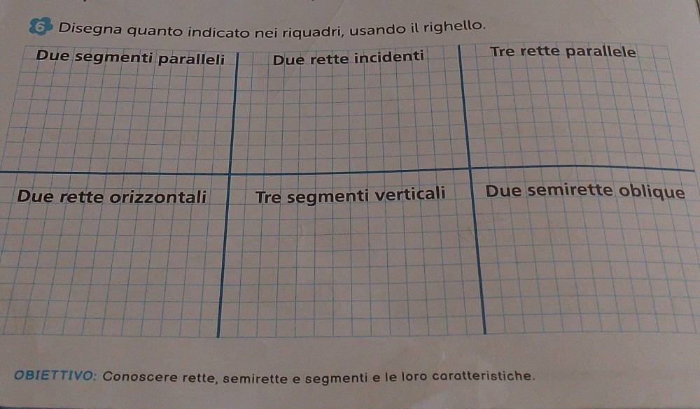 Disegna quando il righello. 
OBIETTIVO: Conoscere rette, semirette e segmenti e le loro caratteristiche.