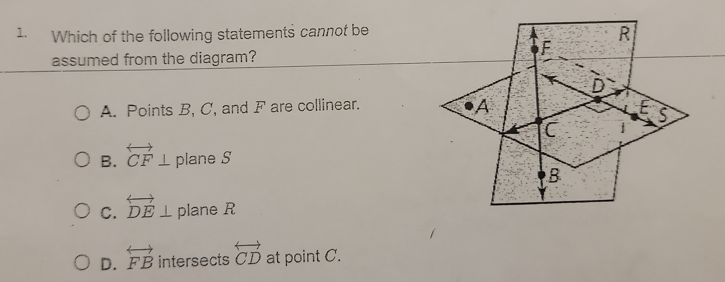 Which of the following statements cannot be
assumed from the diagram?
A. Points B, C, and F are collinear.
B. overleftrightarrow CF⊥ planeS...
C. overleftrightarrow DE⊥ plane R
D. overleftrightarrow FB intersects overleftrightarrow CD at point C.