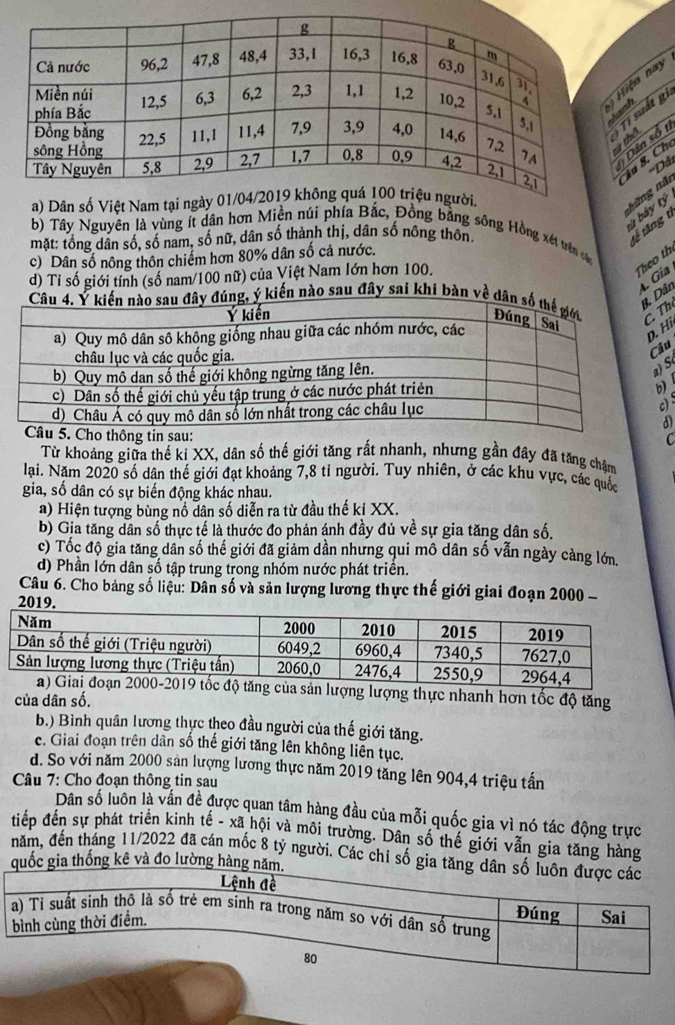 Hiện nay
T Tí suất gi
thô
D  Dân số t
âu 8. Ch
'Dã
a
à bày tý
b) Tây Nguyên là vùng ít dân hơn Miền núi phía Bắc, Đồng bằng sông Hồng xét trên c
mặt: tổng dân số, số nam, số nữ, dân số thành thị, dân số nông thôn.
tế tăng t
c) Dân số nông thôn chiếm hơn 80% dân số cả nước.
d) Tỉ số giới tính (số nam/100 nữ) của Việt Nam lớn hơn 100.
Theo th
4. Gía
Dân
g, ý kiến nào sau đây sai khi bàn về dânh
Hi
u
S
)
a
Cho thông tin sau:
C
Từ khoảng giữa thế kị XX, dân số thế giới tăng rất nhanh, nhưng gần đây đã tăng chậm
lại. Năm 2020 số dân thế giới đạt khoảng 7,8 tỉ người. Tuy nhiên, ở các khu vực, các quốc
gia, số dân có sự biến động khác nhau.
a) Hiện tượng bùng nổ dân số diễn ra từ đầu thế ki XX.
b) Gịa tăng dân số thực tế là thước đo phản ánh đầy đủ về sự gia tăng dân số.
c) Tốc độ gia tăng dân số thế giới đã giảm dần nhưng qui mô dân số vẫn ngày càng lớn.
d) Phần lớn dân số tập trung trong nhóm nước phát triển.
Câu 6. Cho bảng số liệu: Dân số và sản lượng lương thực thế giới giai đoạn 2000 
2019.
ủa sản lượng lượng thực nhanh hơn tốc độ tăng
của dân số.
b.) Bình quân lương thực theo đầu người của thế giới tăng.
c. Giai đoạn trên dân số thế giới tăng lên không liên tục.
d. So với năm 2000 sản lượng lương thực năm 2019 tăng lên 904,4 triệu tấn
Câu 7: Cho đoạn thông tin sau
Dân số luôn là vấn đề được quan tâm hàng đầu của mỗi quốc gia vì nó tác động trực
tiếp đến sự phát triển kinh tế - xã hội và môi trường. Dân số thế giới vẫn gia tăng hàng
năm, đến tháng 11/2022 đã cán mốc 8 tỷ người. Các ch