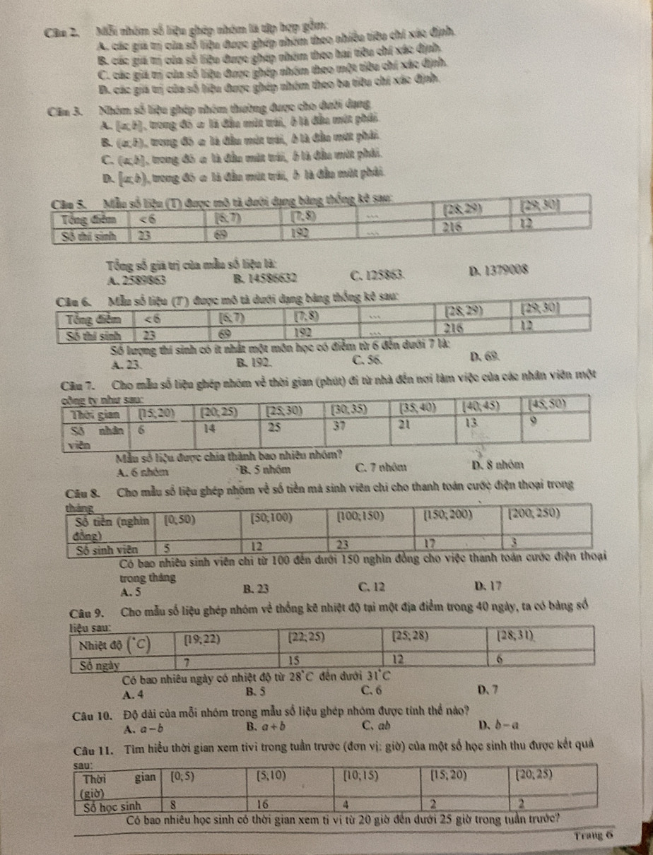 Mỗi nhóm số liệu ghép nhóm là tập hợp gồm.
A. các giả trị của số liệu được ghép nhóm theo nhiều tiêu chí xáo định.
B. các giá trị của số liệu được ghép nhóm theo hai tiêu chí xác định.
C. các giá trị của số liệu được ghép nhóm theo một tiêu chí xác định.
B. các giá trị của số liệu được ghép nhóm theo ba tiêu chí xác định.
Cầm 3. Nhóm số liệu ghép nhóm thường được cho dưới dạng
A. (a,b) , trong đó a là đầu một trái, b là đầu một phải
B. (a,b) 1, trong đó a là đầu mút trái, ở là đầu mứt phải.
C. (a,b) ), trong đô a là đầu mát trái, ở là đầu mớt phải.
D. [a,b) ), trong đó a là đầu một trới, ở là đầu một phải.
Tổng số giá trị của mẫu số liệu là:
A. 2589863 B. 14586632 C. 125863. D. 1379008
u:
Số lượng thí sinh có ít nhất một môn học có
C. 56.
A. 23. B. 192. D. 69.
Câu 7. Cho mẫu số liệu ghép nhóm về thời gian (phút) đi từ nhà đến nơi làm việc của các nhân viên một
Mẫu số liệu được chia thành bao nhiêu nhóm
A. 6 nhóm B. 5 nhóm C. 7 nhóm D. 8 ahóm
Câu 8. Cho mẫu số liệu ghép nhõm về số tiền mà sinh viên chi cho thanh toán cước điện thoại trong
Có bao nhiêu sinh viên chi từ 100 đến dưới 150 nghin đồng cho
trong tháng B. 23
A. 5 C. 12 D. 17
Câu 9. Cho mẫu số liệu ghép nhóm về thống kê nhiệt độ tại một địa điểm trong 40 ngày, ta có bảng số
Có bao nhiêu ngày có nhiệt độ từ 28°C đến đướ D. 7
A. 4 B. 5 C. 6
Câu 10. Độ dài của mỗi nhóm trong mẫu số liệu ghép nhóm được tính thể nào?
A. a-b C. ab D. b-a
B. a+b
Câu 11. Tìm hiểu thời gian xem tivi trong tuần trước (đơn vị: giờ) của một số học sinh thu được kết quả
Có bao nhiêu học sinh có thời gian xem tỉ vi từ 20 giờ đến dưới 25 giờ trong tuần trước
Trang 6