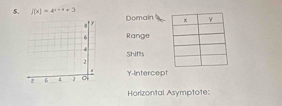 j(x)=4^(x+4)+3
Domain
Range
Shifts
Y-Intercept
Horizontal Asymptote: