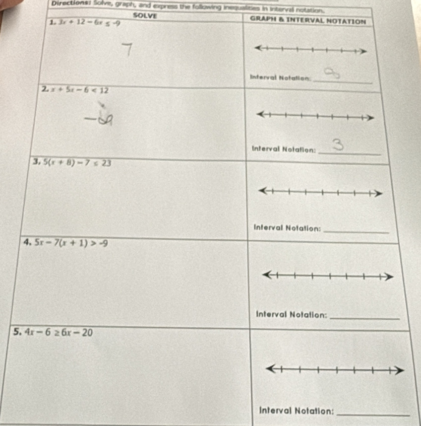 Directions: Solve, graph, and express the folowing inequalities in interval notation.
SOLVE GRAPH & INTERVAL NOTATIÓN
 
5.
Interval Notation:_