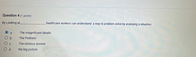 By Looking at_ healthcare workers can understand a way to problem solve by analzying a situation.
a The insignificant details
bì The Problem
C The obvious answer
d the big picture