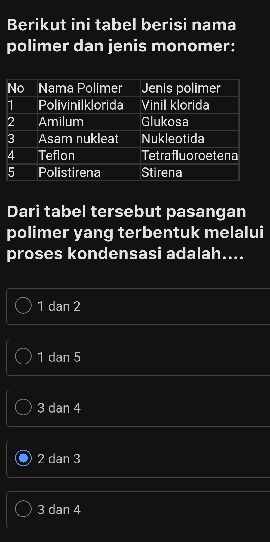 Berikut ini tabel berisi nama
polimer dan jenis monomer:
Dari tabel tersebut pasangan
polimer yang terbentuk melalui
proses kondensasi adalah....
1dan2
1dan5
3dan4
2dan3
3dan4