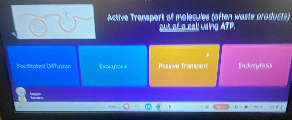 Active Transport of molecules (often waste products)
out of a cell using ATP.
Faciitated Diffusion Exocytosis Passive Transport Endocytosis
Gapion
Sanders
Deak !