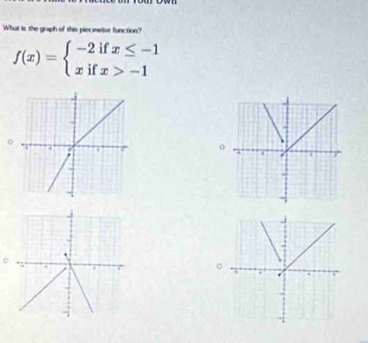 What is the graph of this piecewise function?
f(x)=beginarrayl -2ifx≤ -1 xifx>-1endarray.
。 
。 
。