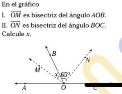 En el gráfico
I. vector OM es bisectriz del ángulo AOB.
II. vector ON es bisectriz del ángulo BOC.
Calcule x.