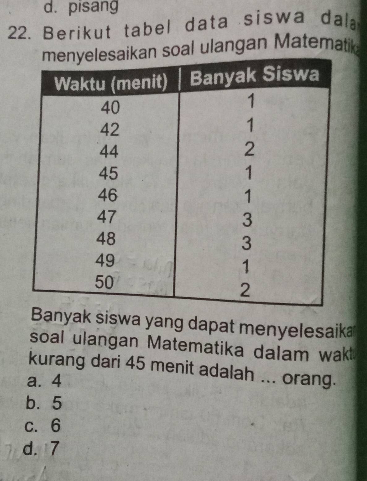 d. pisang
22. Berikut tabel data siswa dal
oal ulangan Matematik
nyak siswa yang dapat menyelesaik
soal ulangan Matematika dalam wakt
kurang dari 45 menit adalah ... orang.
a. 4
b. 5
c. 6
d. 7