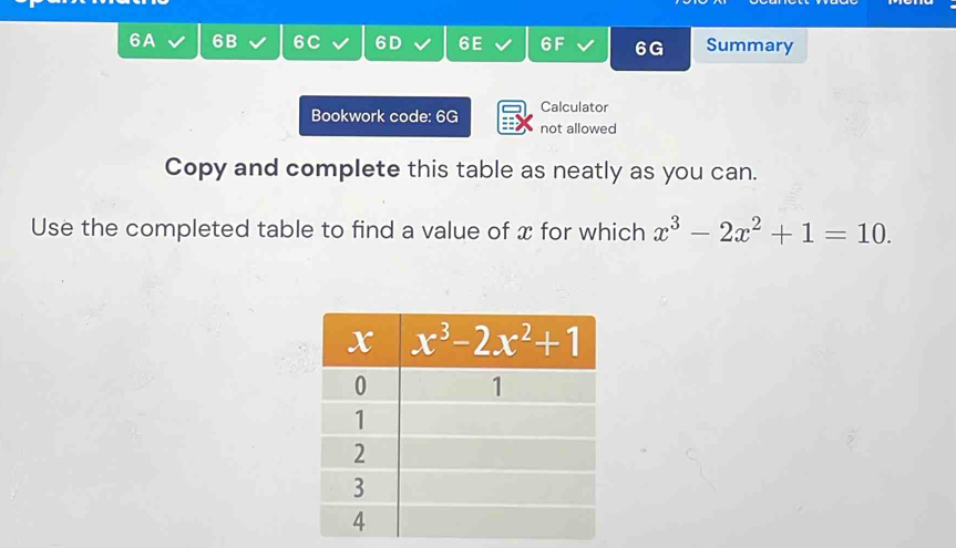 6A 6B 6C 6D 6E 6F 6G Summary
Calculator
Bookwork code: 6G not allowed
Copy and complete this table as neatly as you can.
Use the completed table to find a value of x for which x^3-2x^2+1=10.