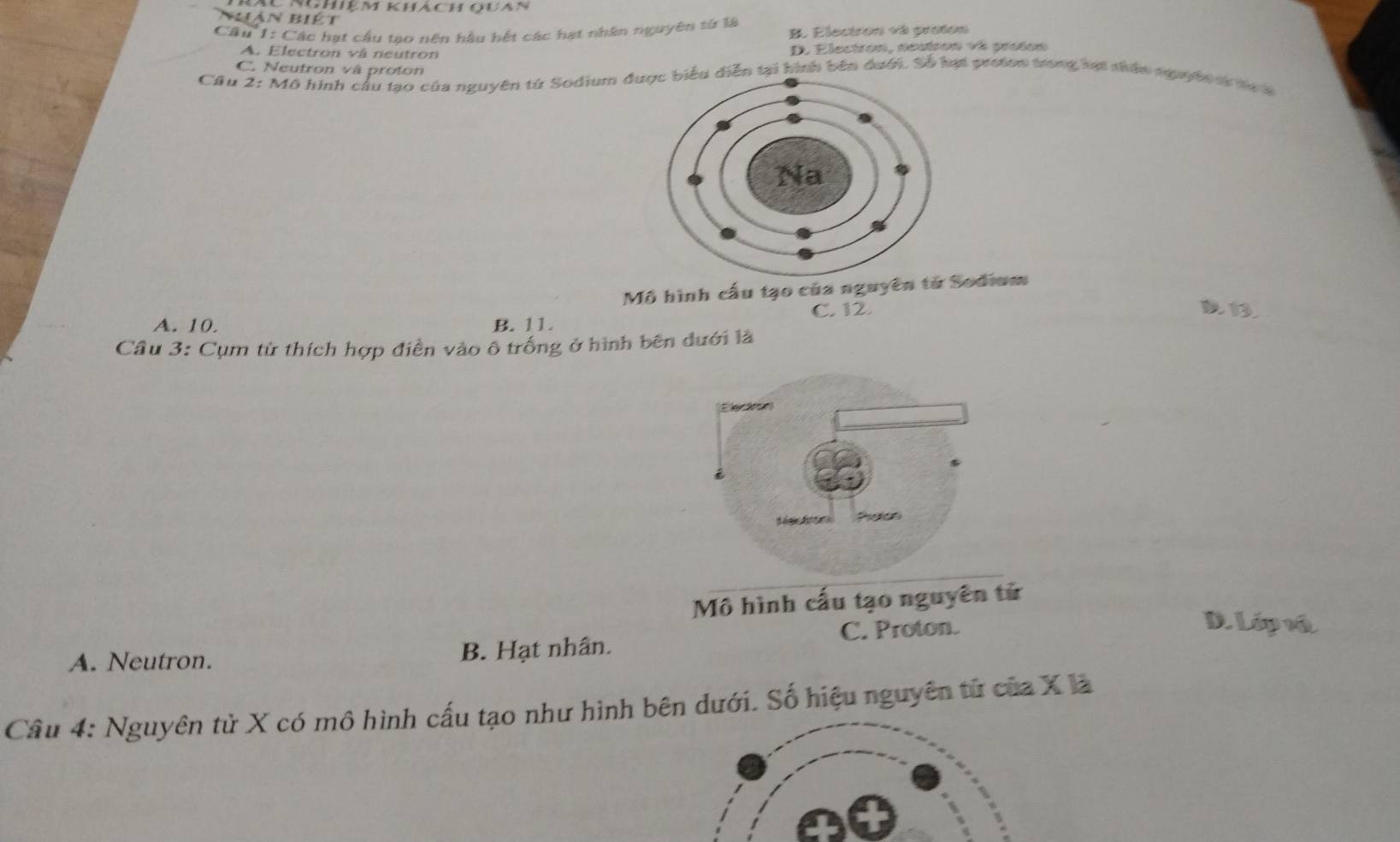 Nuản biết
Câu 1: Các hạt cầu tạo nên hầu hết các hạt nhân nguyên từ là B. Electron và proton
A. Electron và neutron D. Electron, neutron và proton
C. Neutron và proton
Cầu 2: Mô hình cầu tạo của nguyên từ Sodium được biểu diễn tại hình bên dưới. Số hạt proson trong hự nhân nguyên c ha à
Mô hình cấu tạo của nguyên tử Sodium
A. 10. B. 11. C. 12
D1
Cầu 3: Cụm từ thích hợp điền vào ô trống ở hình bên dưới là
E 
teon
Mô hình cấu tạo nguyên tử
C. Proton.
D. Lớp vật
A. Neutron. B. Hạt nhân.
Câu 4: Nguyên tử X có mô hình cấu tạo như hình bên dưới. Số hiệu nguyên tử của X là