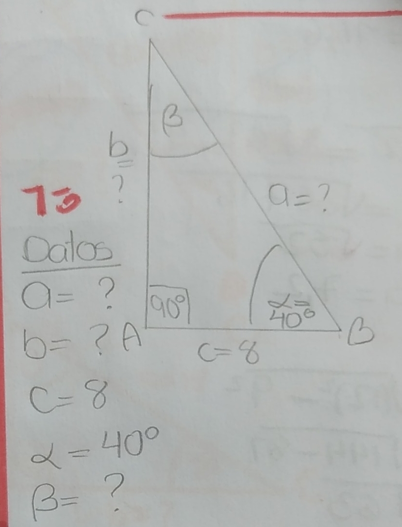 12
Oalos
a= ?
b= ? A
c=8
alpha =40°
beta = ?