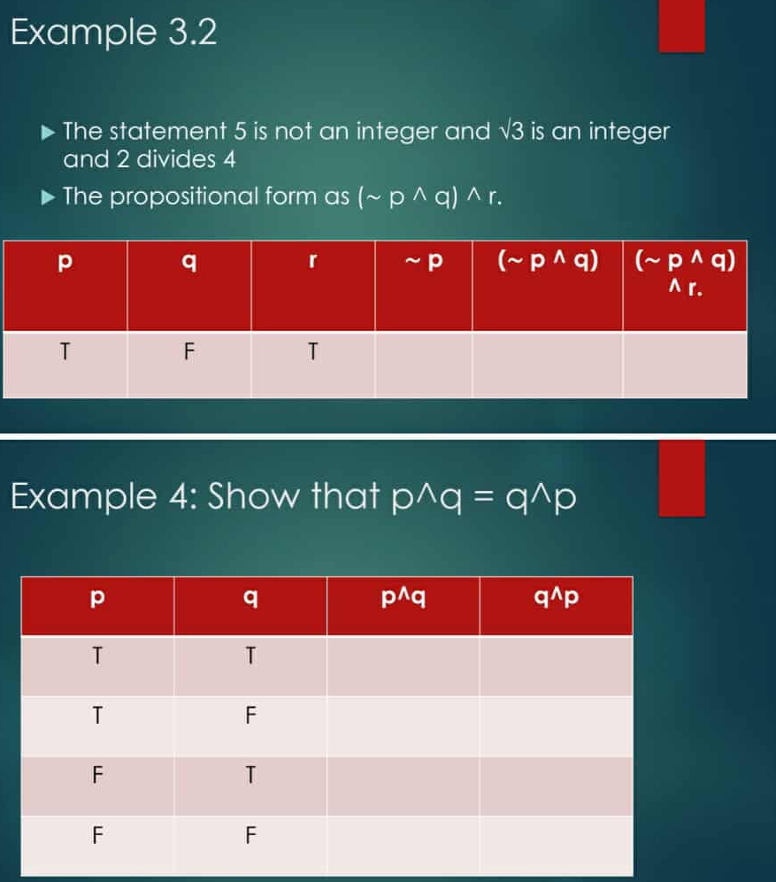 Solved: Example 3.2 The statement 5 is not an integer and sqrt(3) is an ...