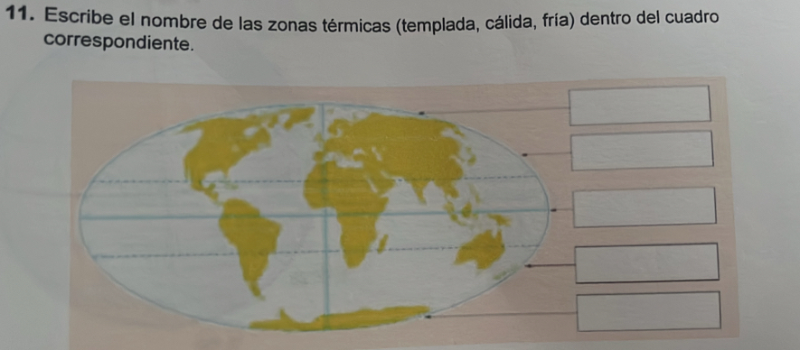 Escribe el nombre de las zonas térmicas (templada, cálida, fría) dentro del cuadro 
correspondiente.