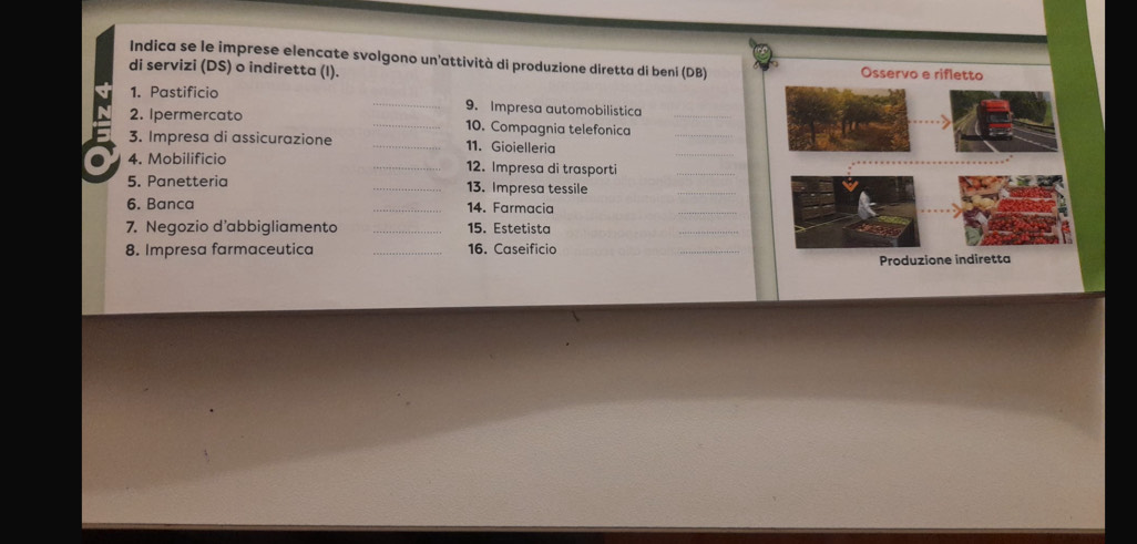 Indica se le imprese elencate svolgono un’attività di produzione diretta di beni (DB) 
di servizi (DS) o indiretta (I). 
1. Pastificio _9. Impresa automobilistica 
2. Ipermercato _10. Compagnia telefonica__ 
3. Impresa di assicurazione _11. Gioielleria 
_ 
4. Mobilificio _12. Impresa di trasporti 
_ 
5. Panetteria _13. Impresa tessile 
_ 
6. Banca _14. Farmacia 
_ 
7. Negozio d’abbigliamento _15. Estetista 
_ 
8. Impresa farmaceutica _16. Caseificio 
_