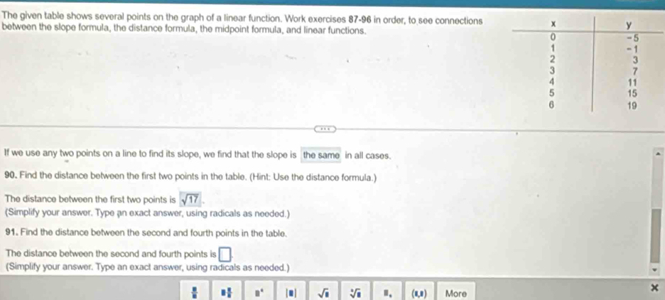 The given table shows several points on the graph of a linear function. Work exercises 87-96 in order, to see connections 
between the slope formula, the distance formula, the midpoint formula, and linear functions. 
If we use any two points on a line to find its slope, we find that the slope is the same in all cases. 
90. Find the distance between the first two points in the table. (Hint: Use the distance formula.) 
The distance between the first two points is sqrt(17)
(Simplify your answer. Type an exact answer, using radicals as needed.) 
91. Find the distance between the second and fourth points in the table. 
The distance between the second and fourth points is □
(Simplify your answer. Type an exact answer, using radicals as needed.)
8 2/8  □° jui sqrt(□ ) sqrt[□](□ ) Ⅱ、 (1,8) More 
x