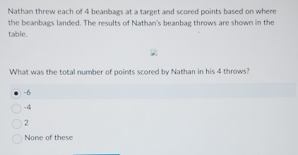 Nathan threw each of 4 beanbags at a target and scored points based on where
the beanbags landed. The results of Nathan's beanbag throws are shown in the
table.
What was the total number of points scored by Nathan in his 4 throws?
-6
-4
2
None of these