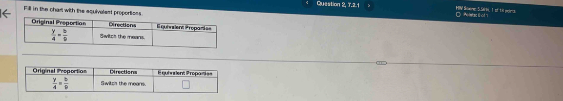 Question 2, 7.2.1 HW Score: 5.56%, 1 of 18 points
Fill in the chart with the equivalent proportions.
○ Points: 0 of 1