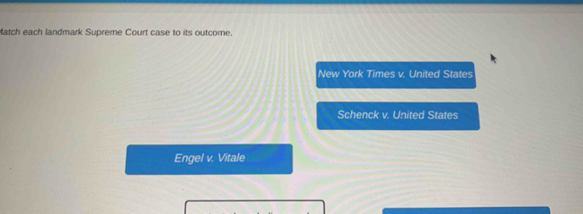 Match each landmark Supreme Court case to its outcome.
New York Times v. United States
Schenck v. United States
Engel v. Vitale