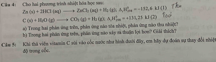 Cho hai phương trình nhiệt hóa học sau:
Zn(s)+2HCl(aq)to ZnCl_2(aq)+H_2(g);△ _rH_(298)^0=-152,6kJ(1)
C(s)+H_2O(g)to CO_2(g)+H_2(g);△ _rH_(298)^0=+131,25kJ(2)
a) Trong hai phản ứng trên, phản ứng nào tỏa nhiệt, phản ứng nào thu nhiệt? 
b) Trong hai phản ứng trên, phản ứng nào xảy ra thuận lợi hơn? Giải thích? 
Câu 5: Khi thả viên vitamin C sủi vào cốc nước như hình dưới đây, em hãy dự đoán sự thay đổi nhiệt 
độ trong cốc.