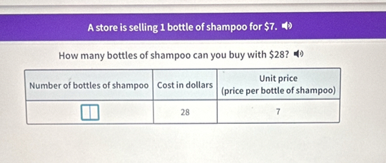 A store is selling 1 bottle of shampoo for $7. 
How many bottles of shampoo can you buy with $28?