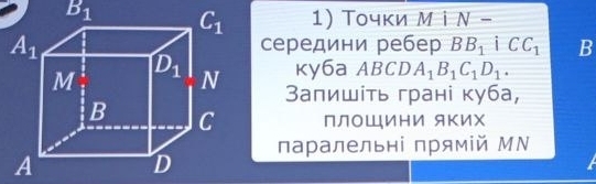 B_1 1) Τочки М iΝ -
середини ребер BB_1parallel CC_1 B
ky6a ABCDA_1B_1C_1D_1.
Запишίть грані куба,
пЛоШИни якИΧ
паралельні прямій МΝ