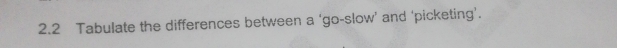 2.2 Tabulate the differences between a ‘go-slow’ and ‘picketing’.