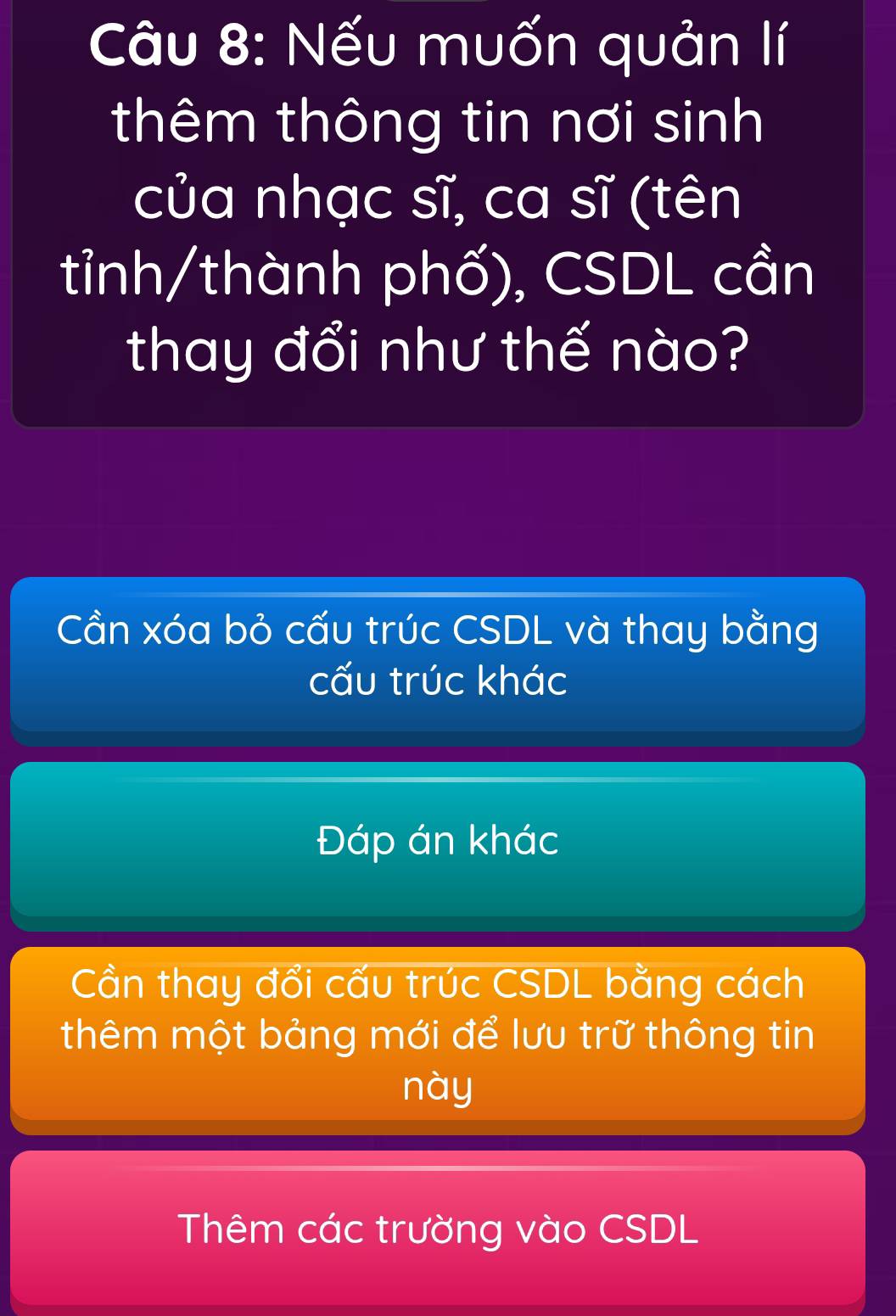 Nếu muốn quản lí
thêm thông tin nơi sinh
của nhạc sĩ, ca sĩ (tên
tỉnh/thành phố), CSDL cần
thay đổi như thế nào?
Cần xóa bỏ cấu trúc CSDL và thay bằng
cấu trúc khác
Đáp án khác
Cần thay đổi cấu trúc CSDL bằng cách
thêm một bảng mới để lưu trữ thông tin
này
Thêm các trường vào CSDL