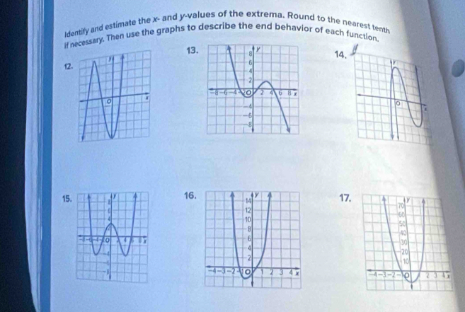 Identify and estimate the x - and y -values of the extrema. Round to the nearest tenth 
if necessary. Then use the graphs to describe the end behavior of each function.
1314
12
151617